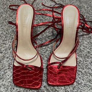 Schutz Red Strappy Women's square toe Heels